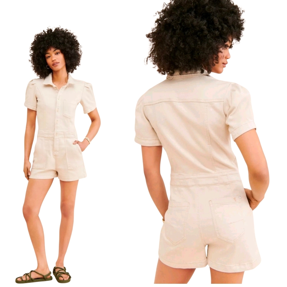 NWT Anthro Pilcro 12 The Kit Utility Point Collar Front Button Denim Romper NWT
